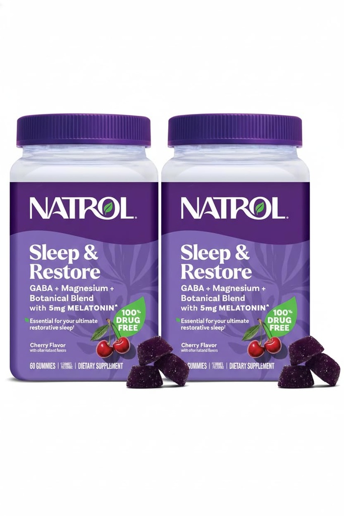 Natrol Sleep + 与梅拉托宁 5 mg 一起还原镁 Glycinate Blend Gummys – 与 GABA , 植物混合剂, Cherry Flavor , 60 Gummys (Pack of 2) 一起冷却镁.