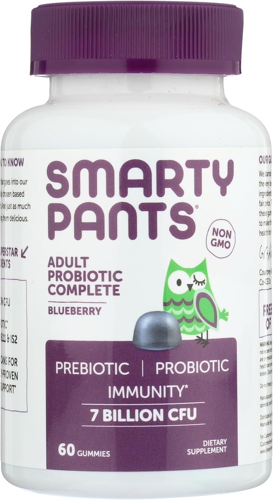 SmartyPants Men's & Women's Probiotive Gummys: 消化性健康与免疫支持的预生药物与Probiots 补充剂,Gluten Free, Vegan, Bluberry Flavor, 60 Counter (30天供应)