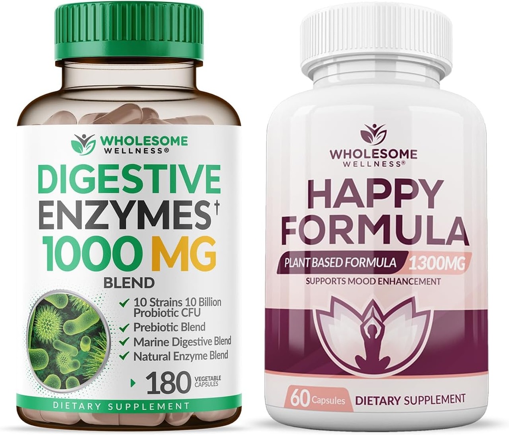 健康 消化酶 1000MG Plus Prebiotics & Probiotics 补充 + 快乐 公式 自然应激 公式 救济 补充 女性和男性 Bundle