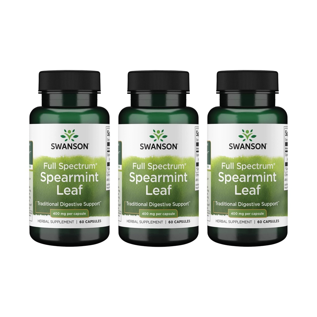 Swanson Spearmint Leaf (Mentha Spicata) - Full Spectrum 草本植物补充剂 支持消化性健康与Mild胃症问题 - (60 Capsules,每包400mg) 3 Pack