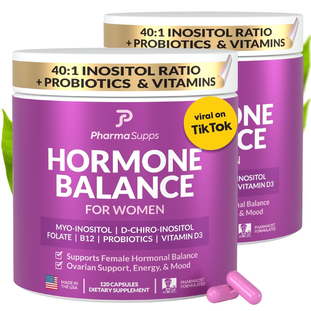 Hormone Balance for Women, Ovarian Support, Fertility, Menstrual Cycle, PCOS | Myo-Inositol & D-Chiro Inositol Supplement 40:1 Ratio w/Folic Acid for Hormonal Balance, B12 & Probiotics - 240 Count