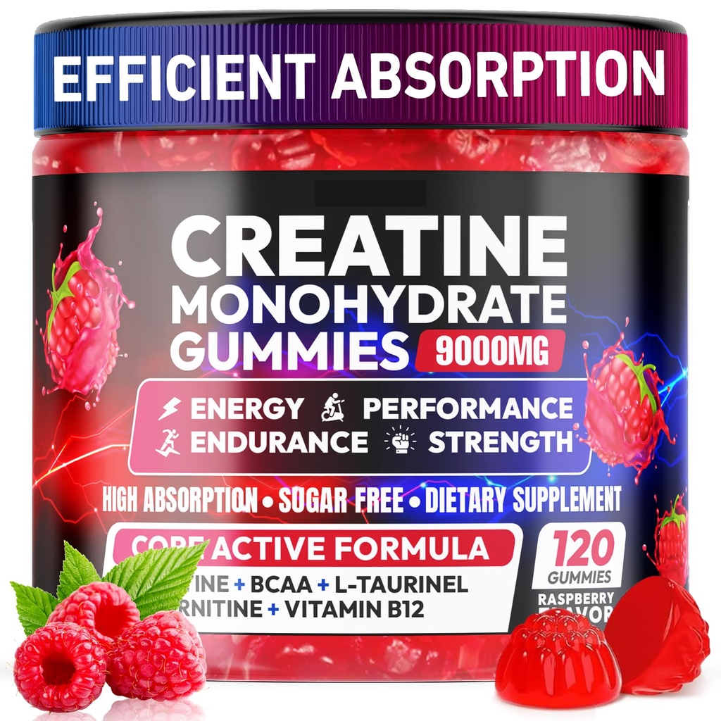 Creatine Gummys Monohydrate Complex 9000MG, 男女预工, Creatine Gummy with L-Taurine, BCAA 2: 1, B12/6 for Muscle Support, 增强力量, 能量靴-120 Count