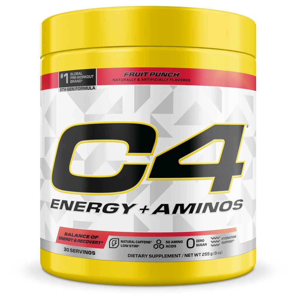 C4 能量 + 氨基粉,5g BCAAs 和 EAAs 用于肌肉恢复,3 个电解质用于水解,100mg 天然咖啡因,预研,零糖,30种服务,水果扑克