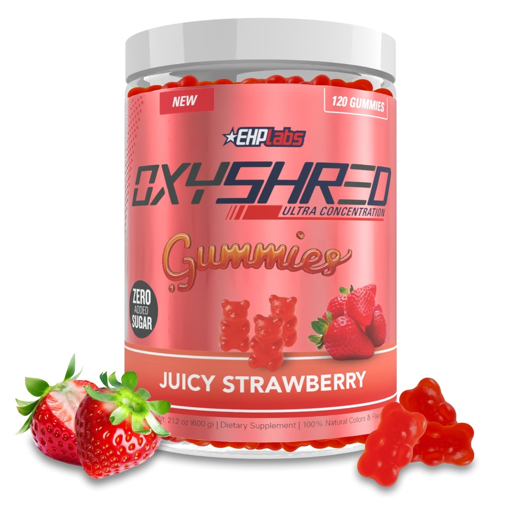 EHP Labs OxyShred Gummys - 预研Gummys & Energy Chews 配有100mg Cafeine,L-Carnitine 配有热量和元磁学支持,所有自然能量的促进器 - 草莓火焰 - 60 services