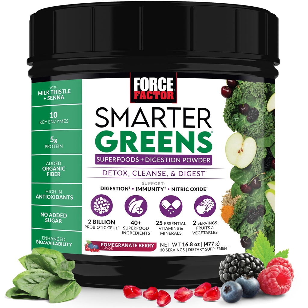 Force Factor Smarter Greens Superfoods Powder to Support Digestion, Gut Health, Bloating, Greens Powder with Probiotics, Prebiotics, Digestive Enzymes, & Adaptogens, Pomegranate Berry, 30 Servings