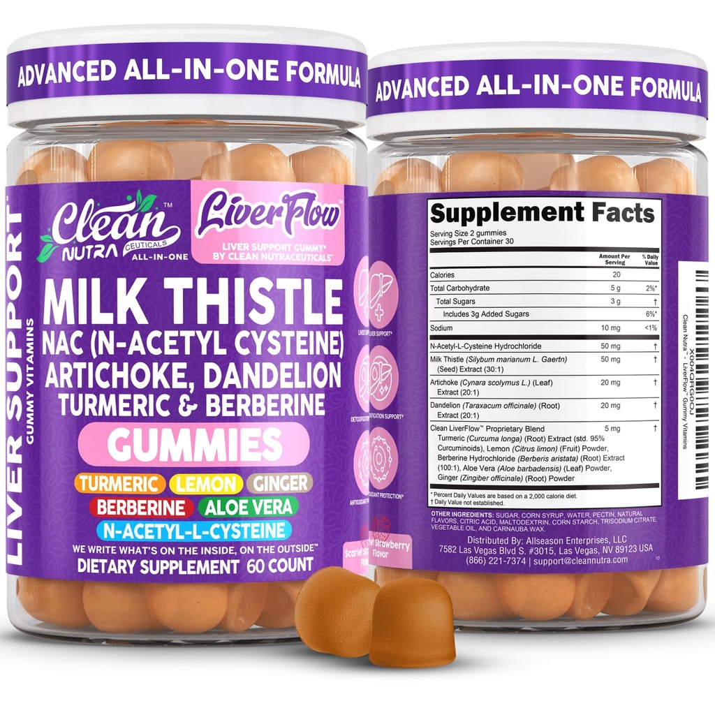 Clean Nutra Milk Thistle NAC Supplement N Acetyl Cysteine Artichoke Dandelion Root Turmeric Berberine Ginger Curcumin Gut Health Metabolism Detox & Cleanse 60 Gummies