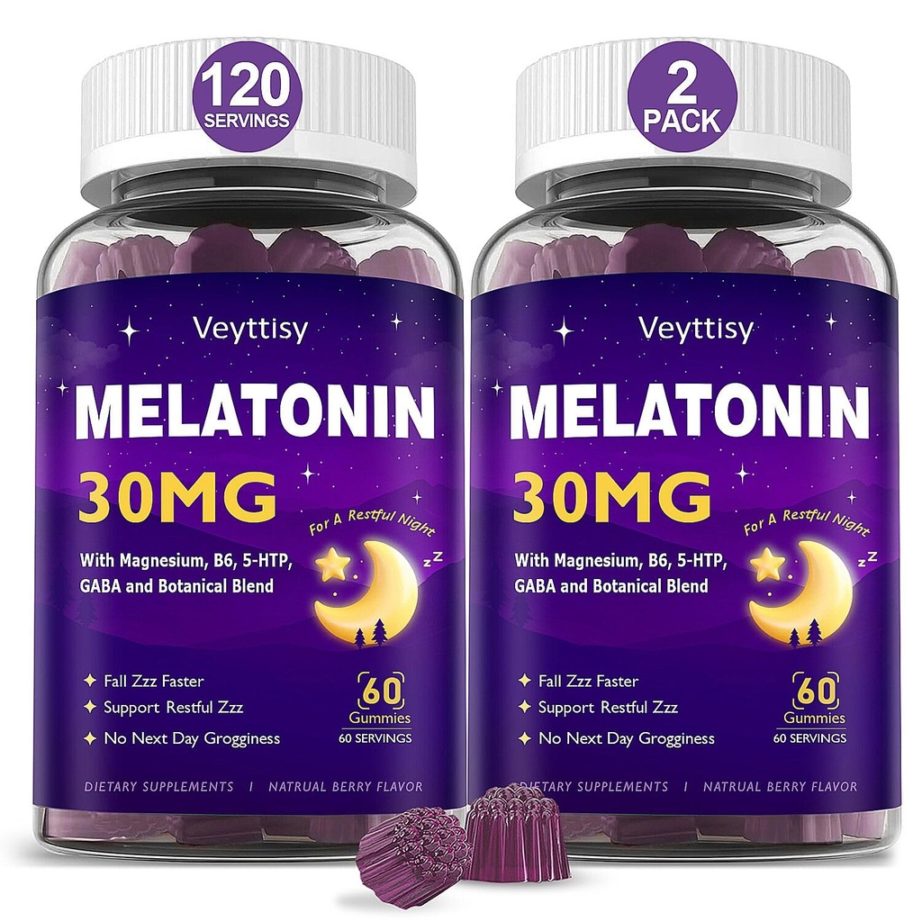 成人的Melatonin 30 mg Gummys - 糖自由的Melatonin Gummys 最大强力加镁,B6,GABA & 植物混合剂 - 非哈比特成型,Vegan,非转基因生物,天然混合莓 Fravor