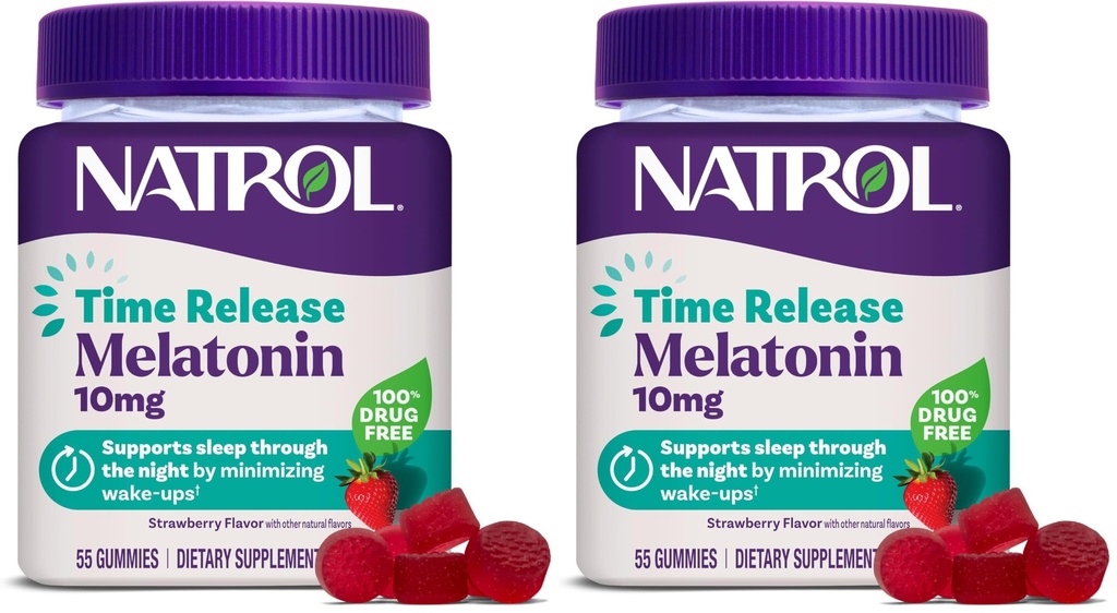 Natrol 10 mg Melatonin Gummies,Time Release Sleep Gummies for Adults,Minimize Wake Ups,Strawberry-Flavored,55 Day Supply,55 Count (Pack of 2)