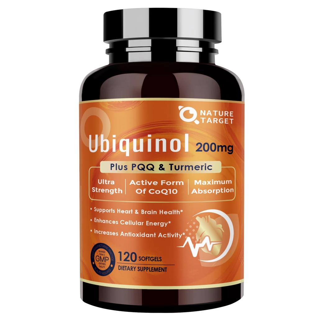 NATURE TARGET Ubiquinol CoQ10 200mg 软胶,配有 PQQ & Turmeric, 高吸收Coenzyme Q10 辅料 ALA & Black Pepper, 抗氧化剂用于心脏和脑健康, 能源生产, 120 计数
