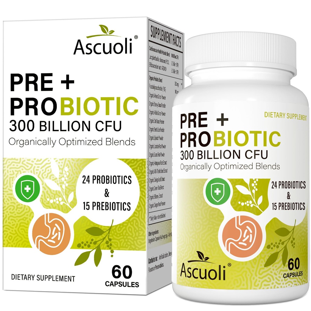 Ascuoli 女性和男性的Probiotics - 300亿 CPU, 24 Strains Probiotics + 15 有机草药 混合剂 消化健康日常Probiotic, Imune, Gut, Bloating - 60 Capsule