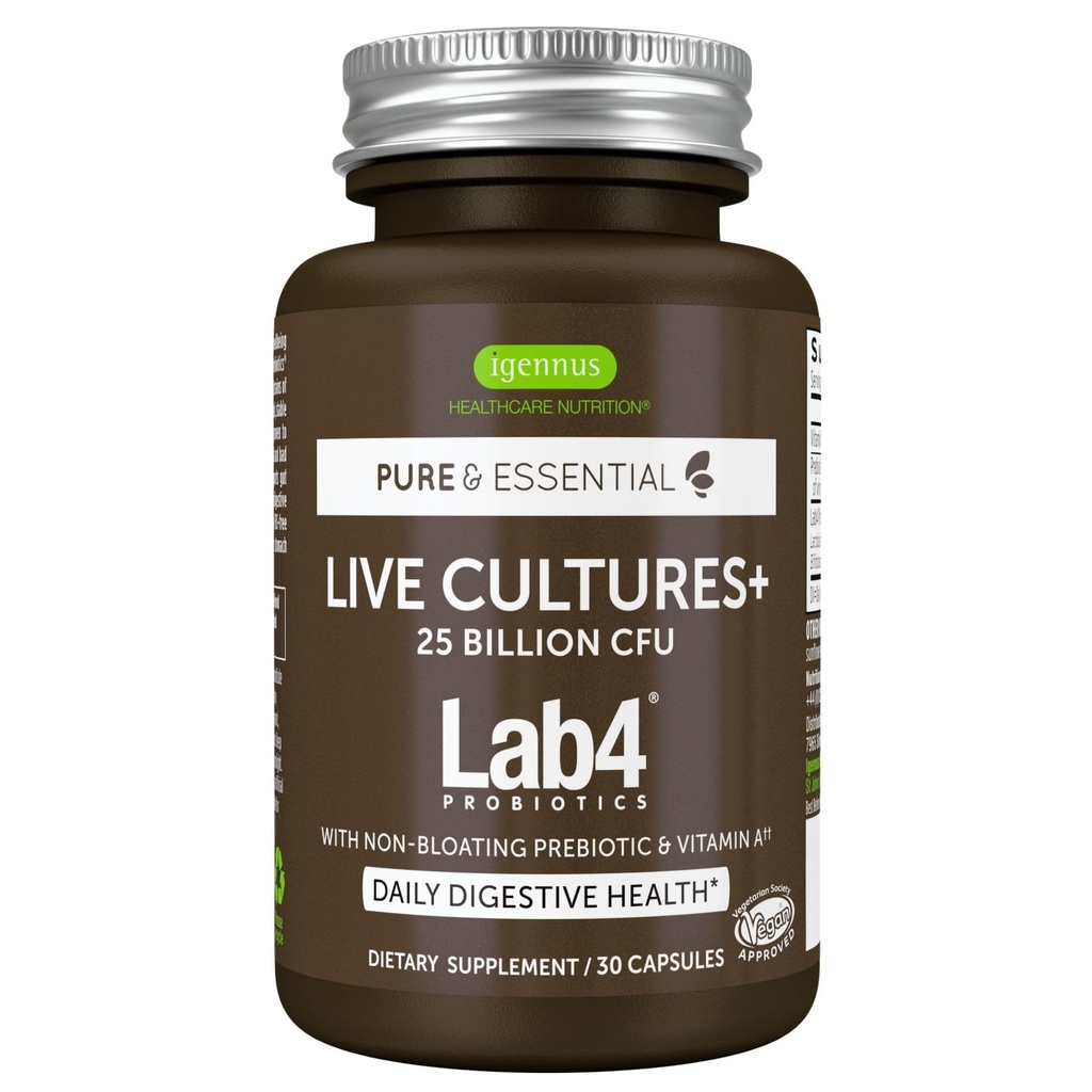 Igennus Probiotics & Prebiotic 2 in 1, 乳酸杆菌和Bifidobacterium, Gut健康支持, Live cultures+ Lab4, 保障 25亿 CFU, 女性和男性, 无血, 非GMO, 30 Capsules