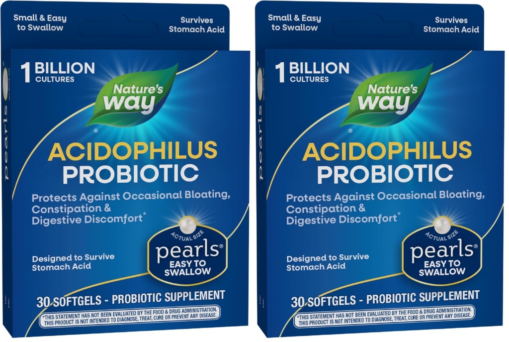 自然之道 酸性脊髓灰质炎 Probiotic Pearls,支持消化平衡和古特健康,Reduce偶尔便秘和布洛廷*,1亿文化,30 Softgels,(Pack of 2)
