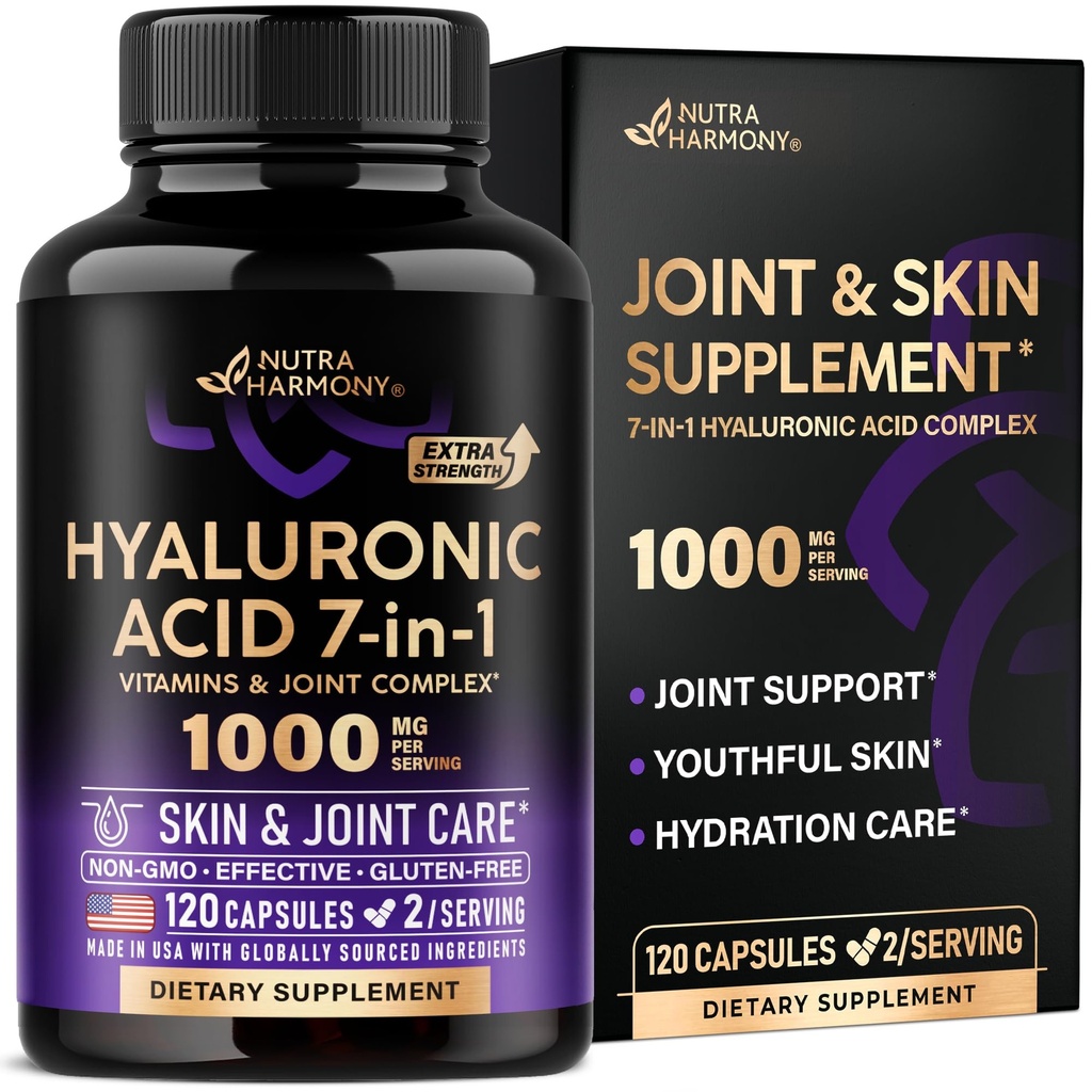 Hyaluronic Acid Supplements 1000 mg - Collagen | MSM | Boswellia | Vitamin D3, C & E - Hyaluronic Acid Capsules - Skin Hydratation & Joint Comfort Support - 7-in-1 Complex - Lab Tested - 120 Capsules