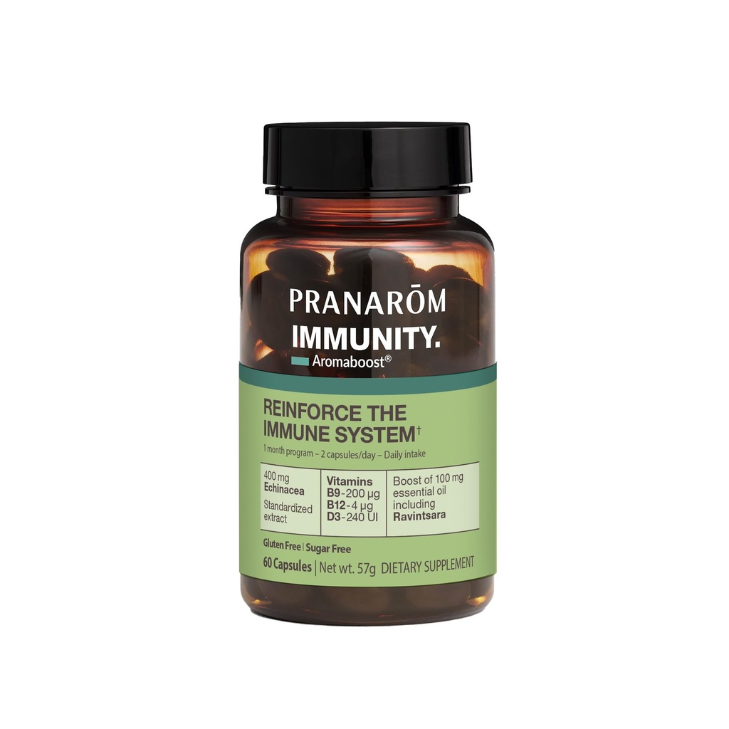 Pranarom - Aromaboost 豁免草药补充剂 - Black Cumin, Echinacea, 维生素 B9, B12, D3, 纯 Ravintsara 基本油用于免疫支持 - 60 Capsules