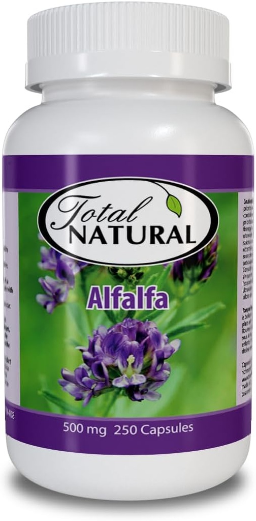 Natural Alfalfa 补充500mg 250卡普尔[1瓶],富含维生素和追踪矿物,促进能源和生命力,促进消化健康