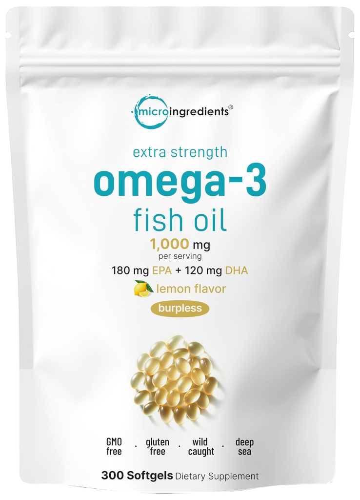 微量成份 超强 Omega 3 鱼油增量 1000 mg 人服,300 软胶 | Lemon Flavored | Burpless | EPA 180 mg + DHA 120 mg | 深海鱼