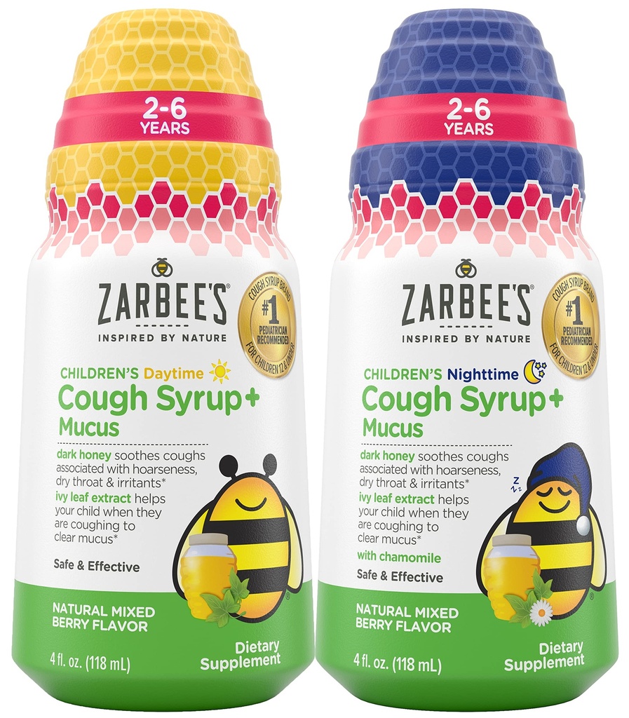 Zarbee's Kids Cough + Mucus 日间和夜时儿童2-6 与暗蜜,Ivy Leaf,Zinc和Merderberry,1 推荐儿科医生,药物和无酒精,混合Berry Flavor, 4FL OZ