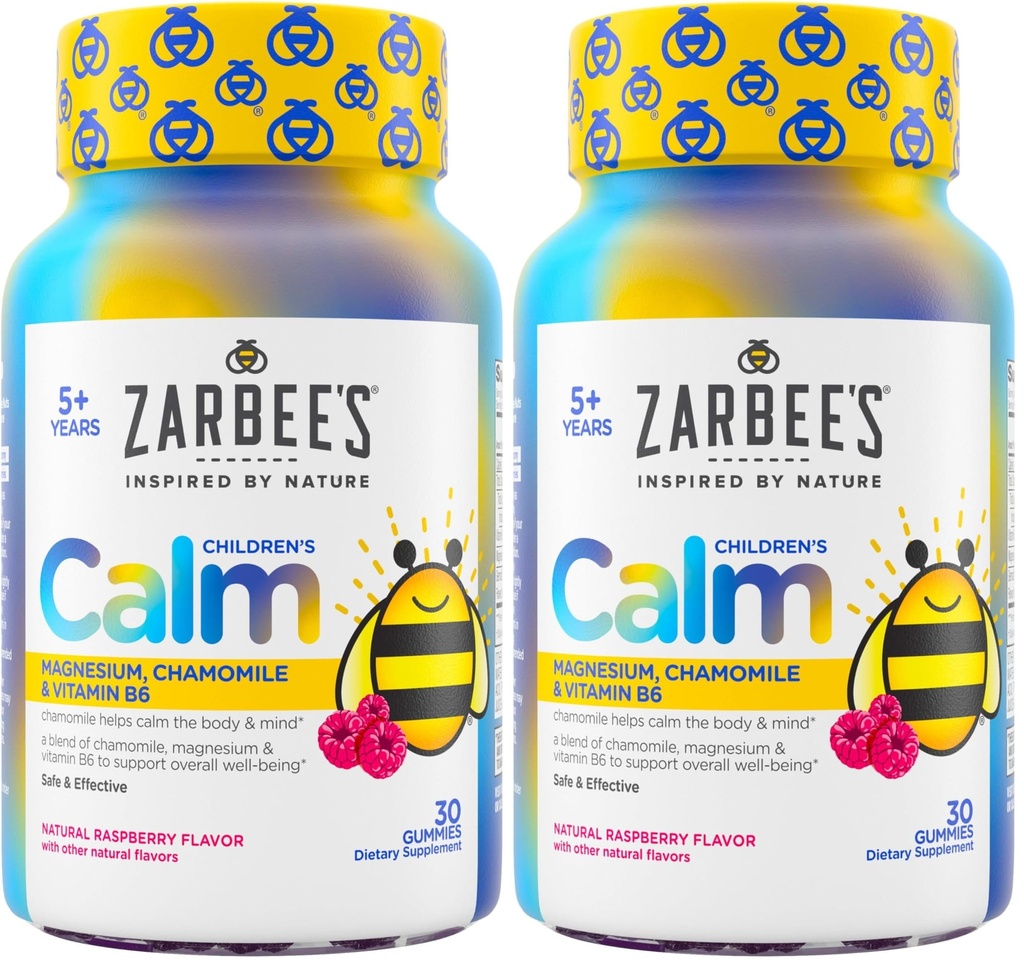 Zarbee's Naturals Children’s Calm Gummies, Magnesium for Kids Ages 5+, Melatonin-Free, Support for a Calm Mind & Body, Chamomile & Vitamin B6, Natural Raspberry Flavor, 30 ct, (Pack of 2)