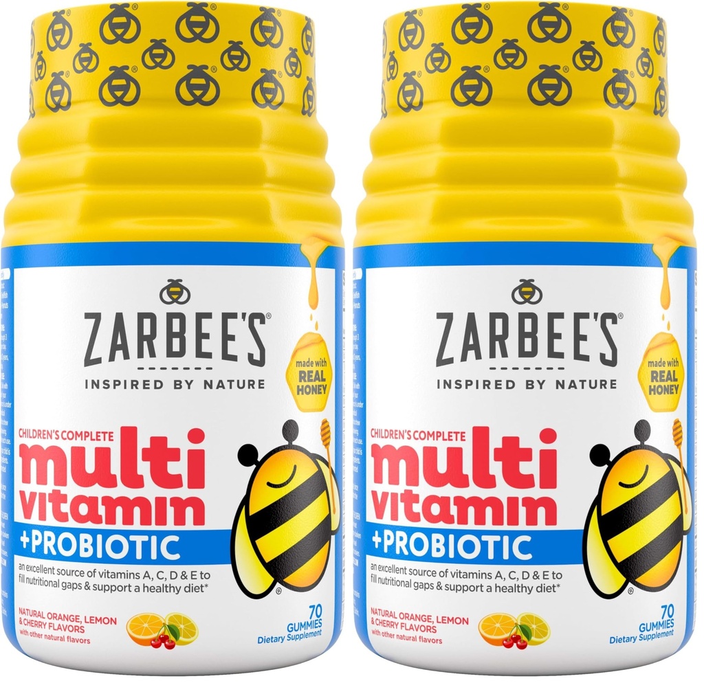 Zarbee's Kid's Complete Multivitamin + Probiotic Gummies with Vitamins A B C D E & zinc for Digestive Health Easy to Chew Kids Daily Multivitamin Gummies Natural Fruit,70 Count (Pack of 2)