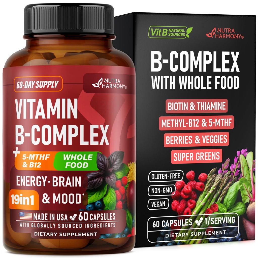 维生素B 复合体 - B1 → B2 → B3 → B5 → B6 → Biotin → B12 → 5-MTHF - Astragalus & 全食品混合体 - 能量,代谢和大脑 - 女性和男性维生素B - 在美国制造 - 60 Capsules, 60天供应