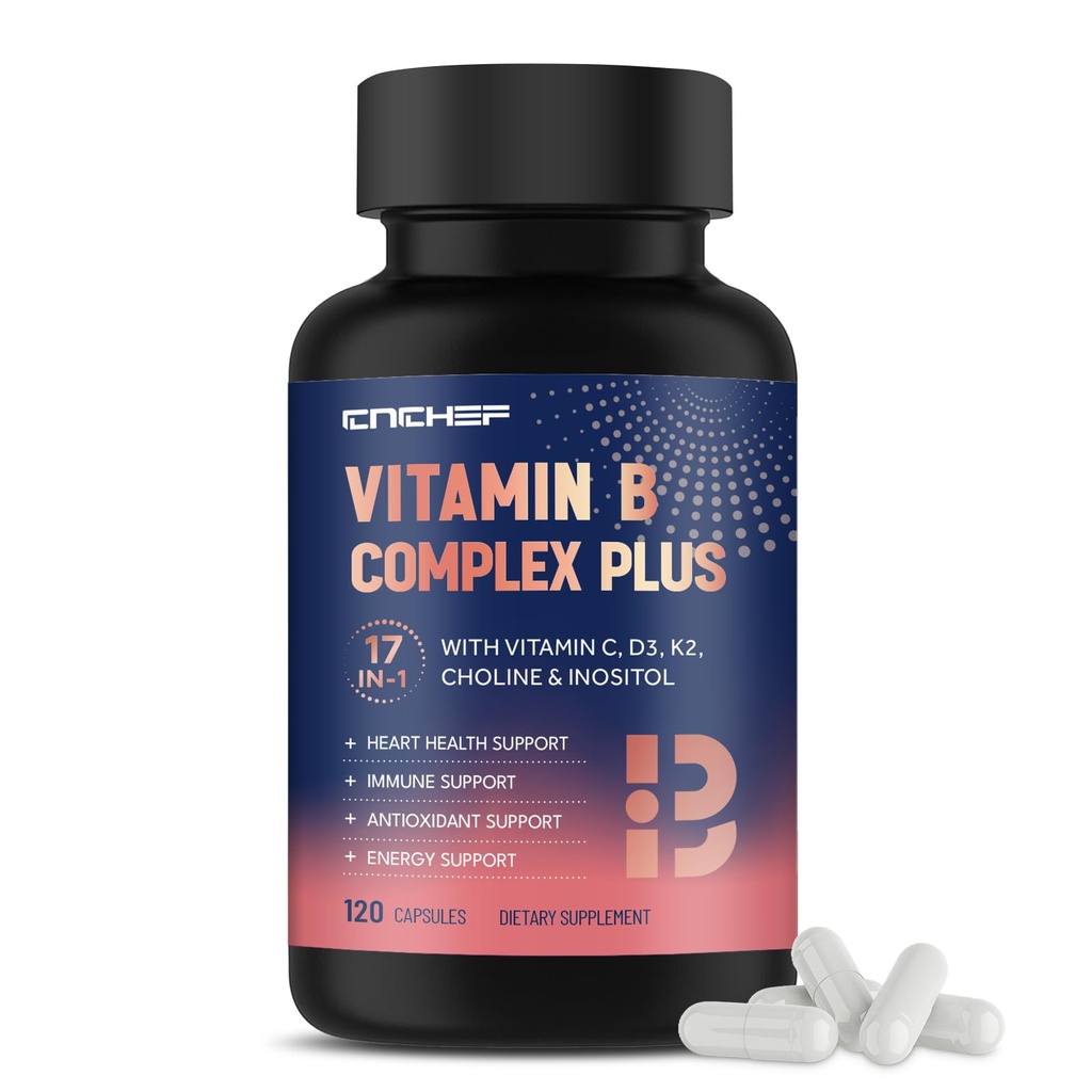 17-in-1 维生素B 复合物 + 维生素B1, B2, B3, B4, B5, B6, B7 (Biotin), B8 (Inositol), B9, B12, C, D3, K2, Energy, Immune, Skin, Nerve Supports for Men and Women - 120 卡普尔