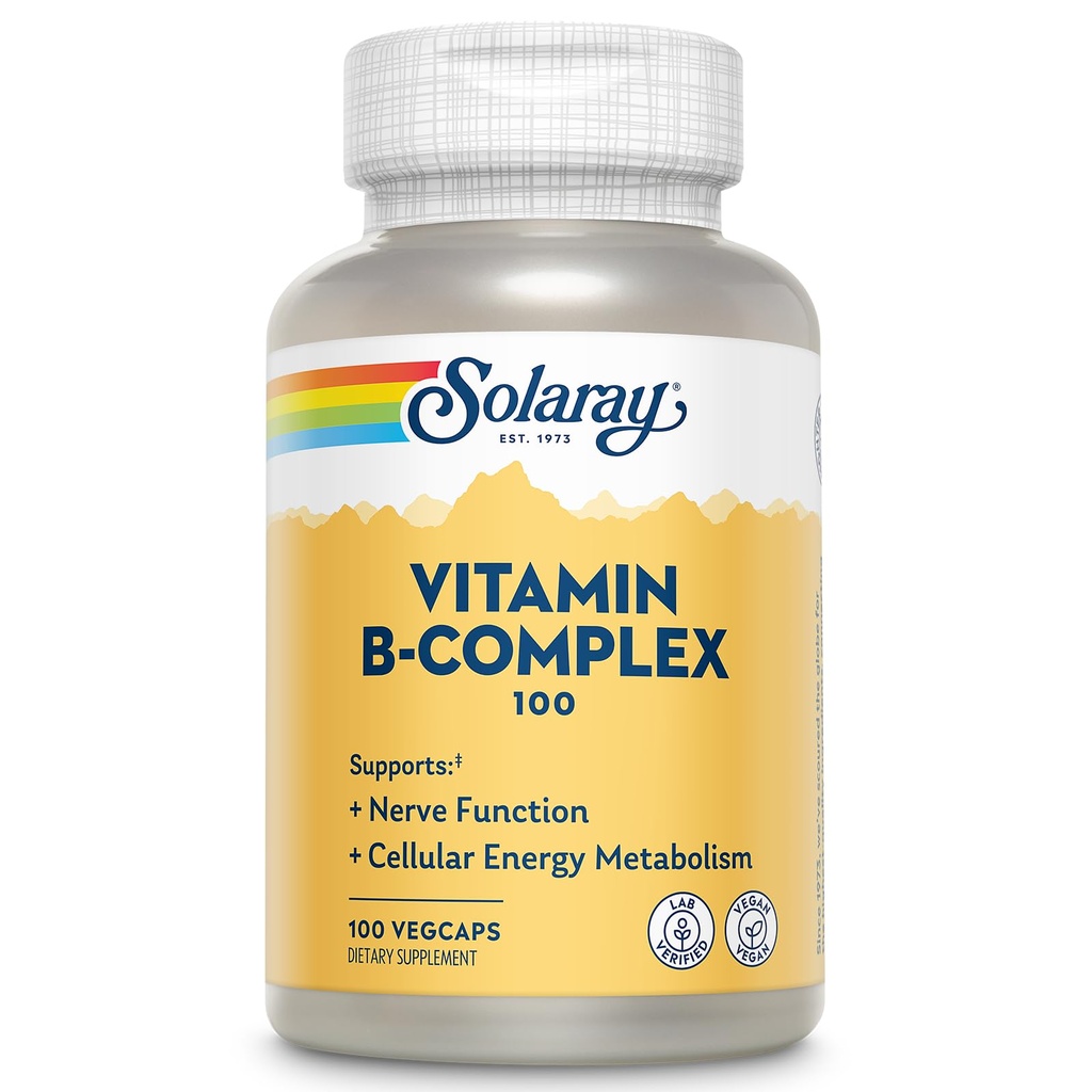 SOLARAY维生素B Complex 100mg - 细胞能量,神经和心脏健康支持 - 供应所有8B 复合维生素 - 维生素B12, B1, B2, B3, B6, Niacin, Folic Acid and Biotin - Vegan, 100 services