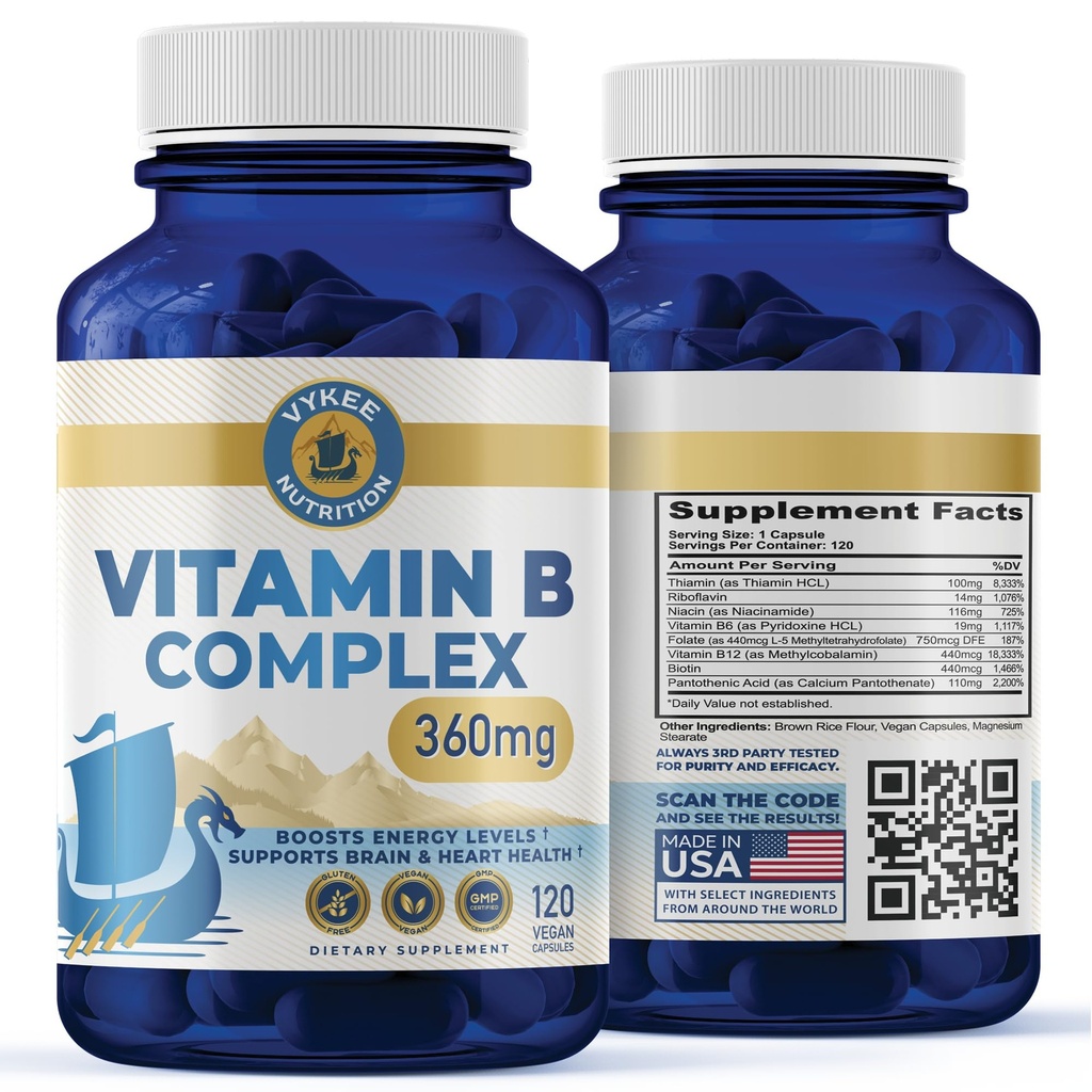 Vykee营养B 复合体补充剂 — 高剂量B 维生素,含750mg DFE Folate,440mcg B12/Biotin → Vegan N-GMO → 支持细胞能量生产和红血细胞形成 → 120 Capsules