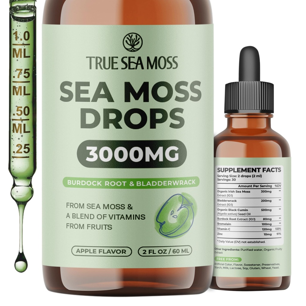 True SeaMoss 3000mg 爱尔兰海 Moss Drops with Burdock Root & Bladderwrack 用于消化系统和肌肉恢复支持 - 2 Fl Oz Apple NW1