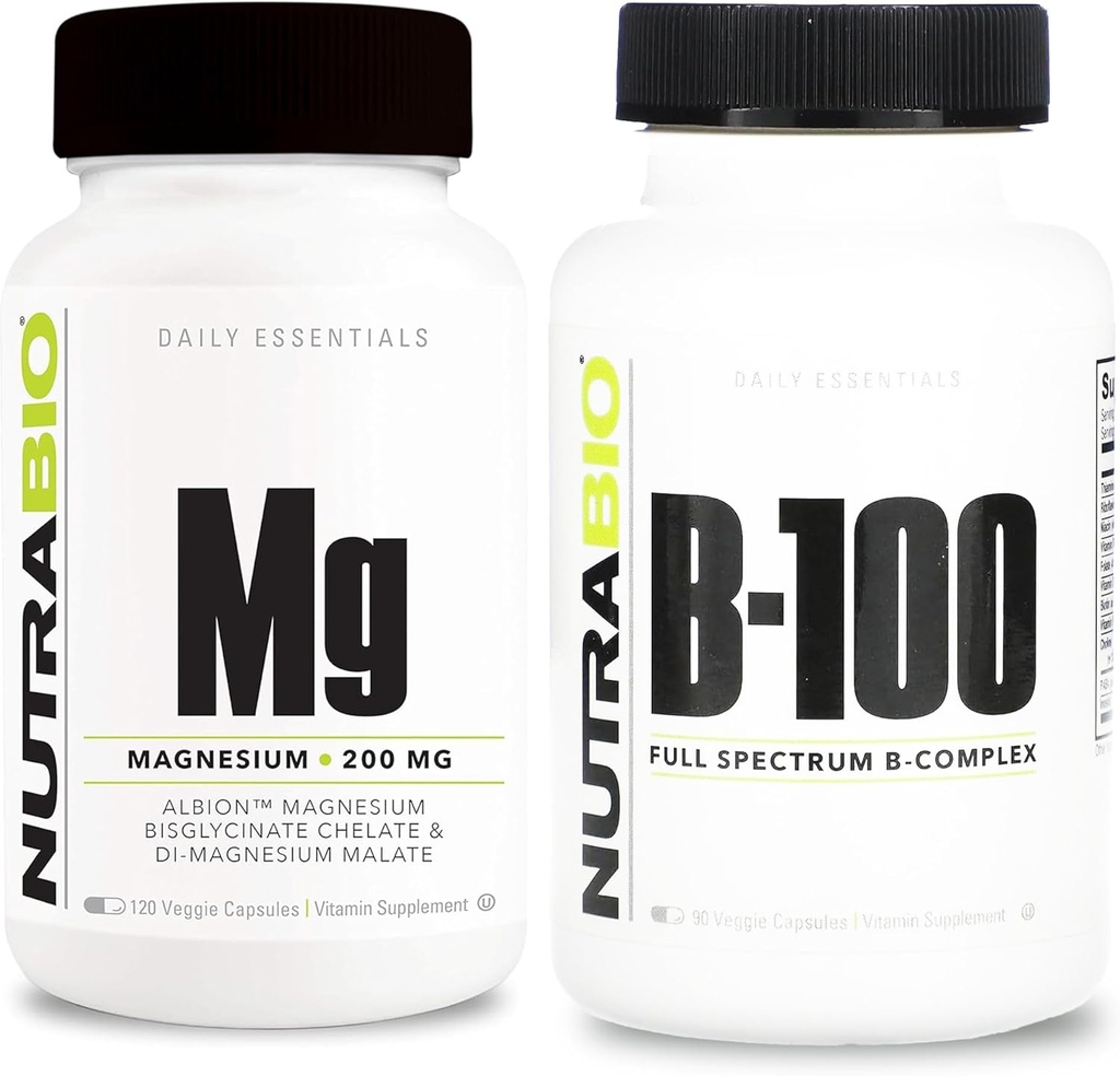 NutraBio B-100 B 维生素复合体和再生镁补充剂 Bundle – 维生素补充剂 Bundle May 帮助免疫系统、骨骼健康、健康发型、皮肤和钉子