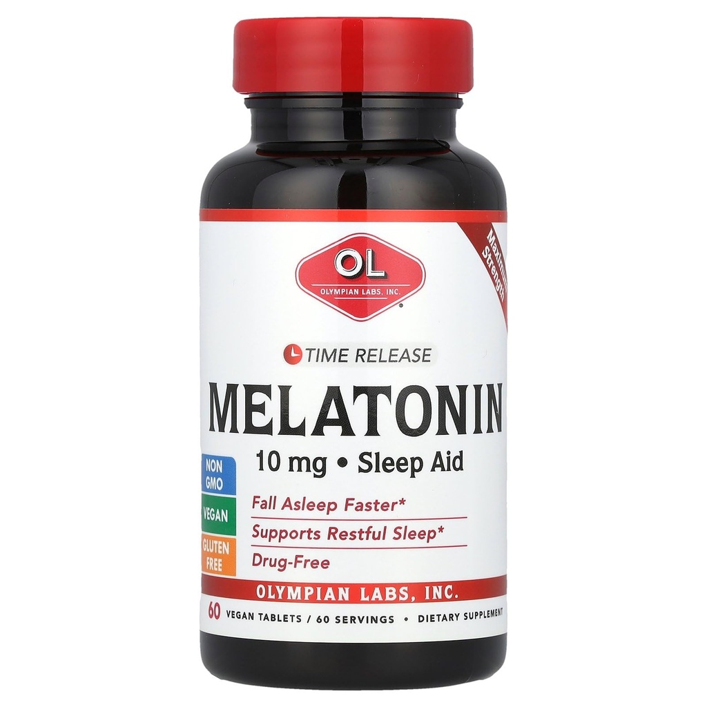 奥林匹亚实验室 Melatonin 10mg 时间释放与维生素B6 - 最大强度药片 - 无药,支持休息,夜间睡眠援助 - 60 Vegan药片(60种服务)