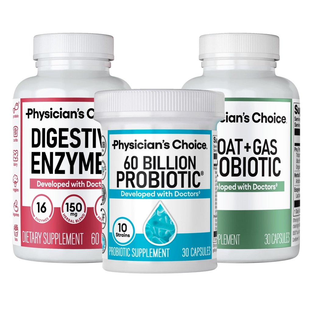 Physician的CHOICE GUT Guardian Bundle:高级Bloating & Digestion 支持60亿Probiotic,消化酶 & Bloat + Gas Probiotic - 每日GUT 支持男女健康