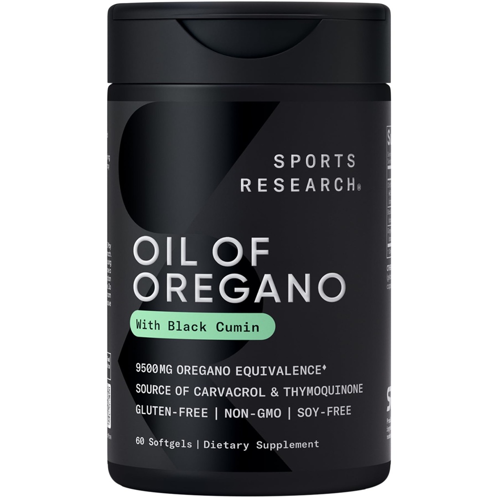 Sports Research® Oil of Oregano 9500mg w/Black Seed Oil & Coconut MCT Oil - Antioxidant Combination Supplement Rich in Thymoquinone & Carvacrol - Gluten Free · Non-GMO - 60 Softgels