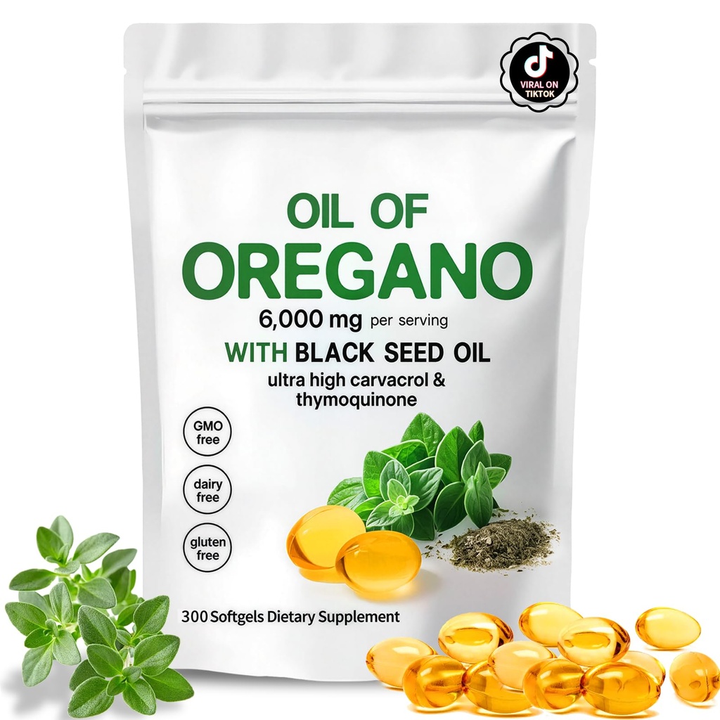 Oil of Oregano with Black Seed Oil – 2-in-1 Oregano Oil Capsules Organic，300 Count | Plant-Based, Non-GMO | Supports Wellness & Digestive Balance