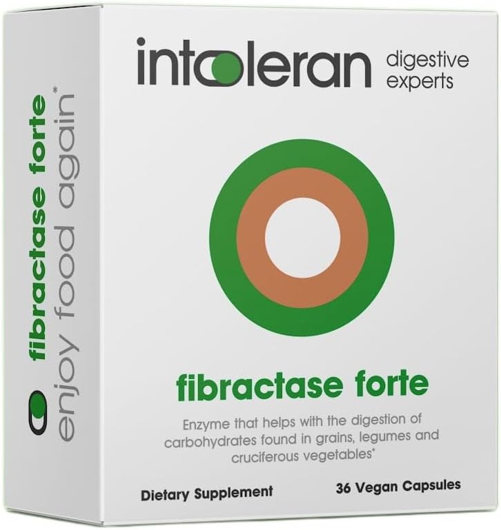 Intoleran Fibractase Forte Digestive Enzymes - 36 Capsules | Supplement for Fructans & Galactans Intolerance | Helps Digest Carbohydrates; Grains, Legumes, Onion, Garlic & wheats | Pure and Vegan