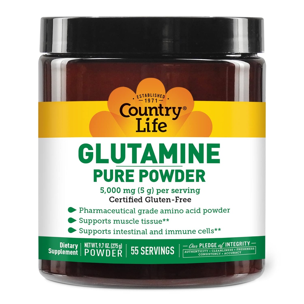 Country Life Glutamine Pure Powder - 5000mg L-Glutamine - Muscle Tissue, Gut Health, Immune Support - Gluten-Free Certified - Ideal Pre/Post Workout Amino Acid Supplement, 55 Servings, 9.7oz