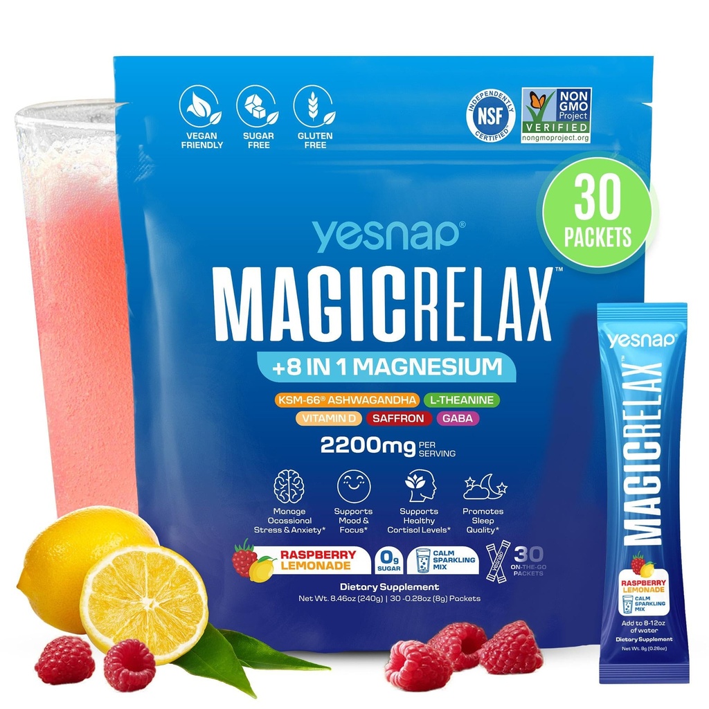 MAGICRELAX 8-in-1 Super Calm Magnesium Glycinate Powder Drink Mix Supports Stress Healthy Cortisol, Mood & Sleep, KSM-66 Ashwagandha Saffron GABA L-Theanine Vitamin D3, 0 Sugar, Raspberry Lemonade