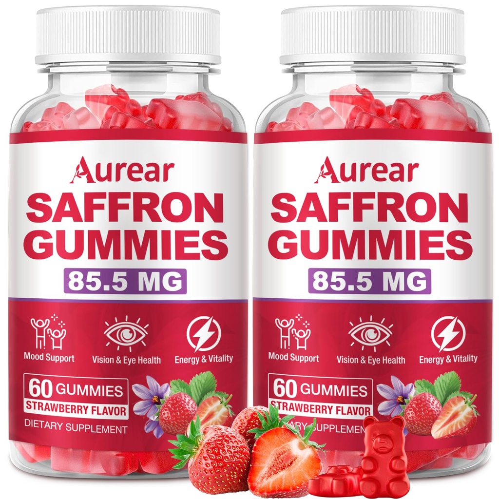 2 Pack Saffron Gummies, 10-in-1 Saffron Supplement, Contains 88.5 mg of Saffron Extract, Mood & Sleep Support, Sugar-Free, Strawberry Flavor, 120 Count