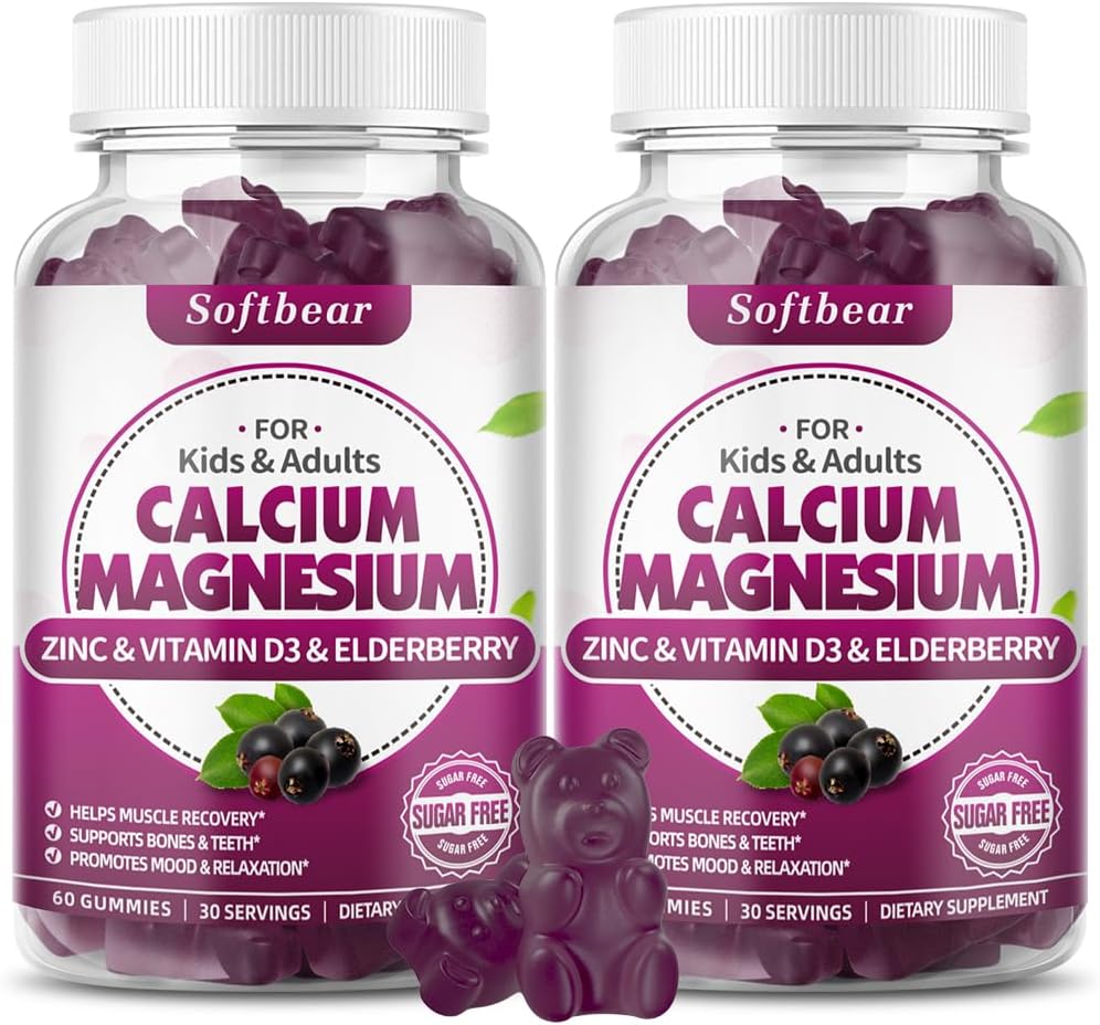 软熊 镁 锌 Gummys for Adult & Kids, Suagr-Free Calic 镁 锌 维生素 D3 骨强和免疫健康补充, 老年莓 Flavor 120 Count