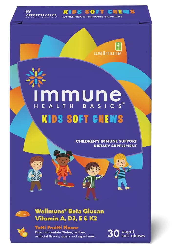 Kids Soft Chews with Wellmune → + 自然 Beta Glucan 辅助 Imune 支持 & Daily Wellness → ALLERgen-Free & 没有添加的糖 → Tutti-Fruti Flavor, 30 软 Chews