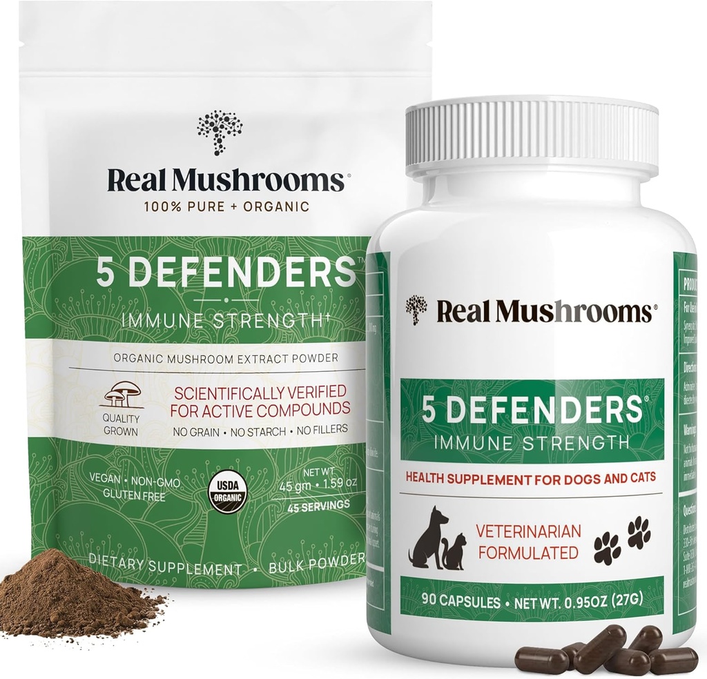 真正的蘑菇 5 人类捍卫者(45g) & 宠物(90ct) - 邮袋 & Capsules Bundle - Chaga, Shiitake, Maitake, Turkey Tail & Reishi 蘑菇 - 用于Immune强壮与整体福祉 - Vegan, 非GMO