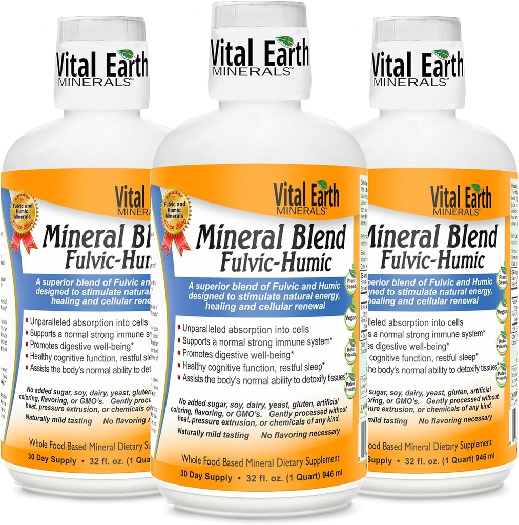 Fulvic Humic Mineral Blend Liquid 3-Pack – Fulvic Acid 补充70+ Trace Minerals, 用于回收、平衡和能源的电解质, 32 Oz Ea + 1 Oz Cup Ea