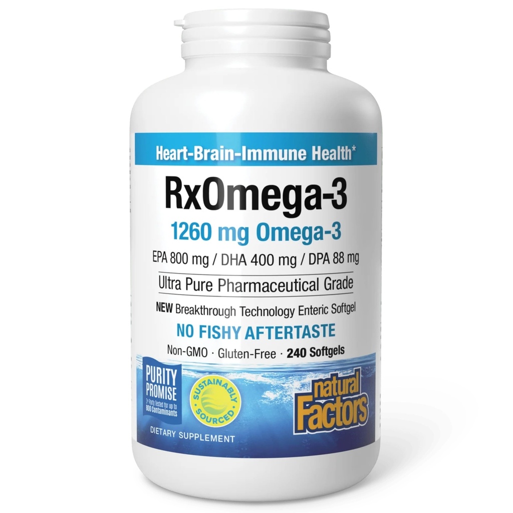 Natural Factors, RxOmega-3 Fish Oil, Pharmaceutical Grade, 1260 mg Omega-3 Per Serving, No Fishy Aftertaste, 240 Count (Pack of 1)