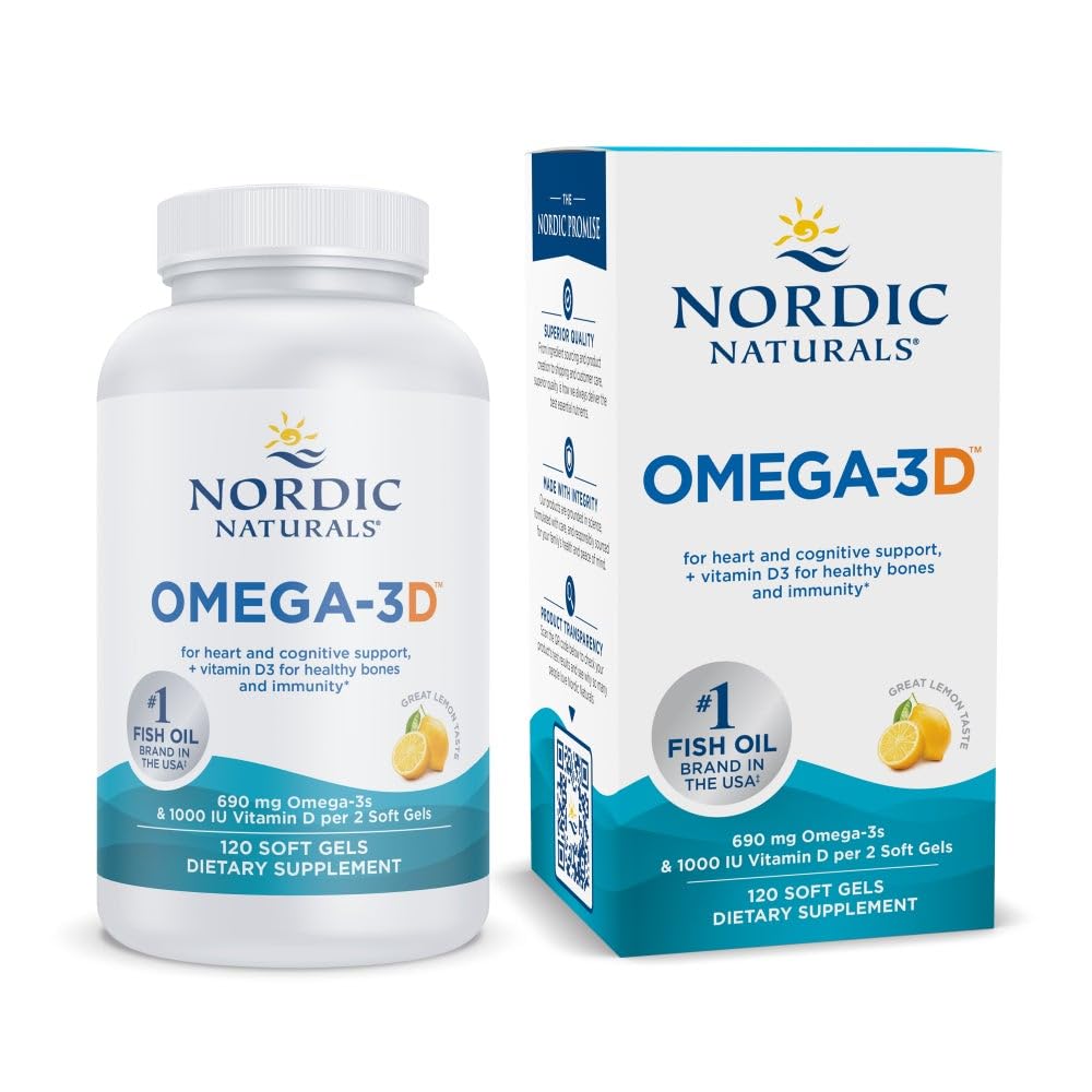 北欧自然Omega-3D,柠檬Flavor - 120 软宝石 - 690 mg Omega-3 + 1000 IU 维生素 D3 - 鱼油 - EPA & DHA - 免疫支持,脑与心脏健康,健康骨头 - 非GMO - 60 服务