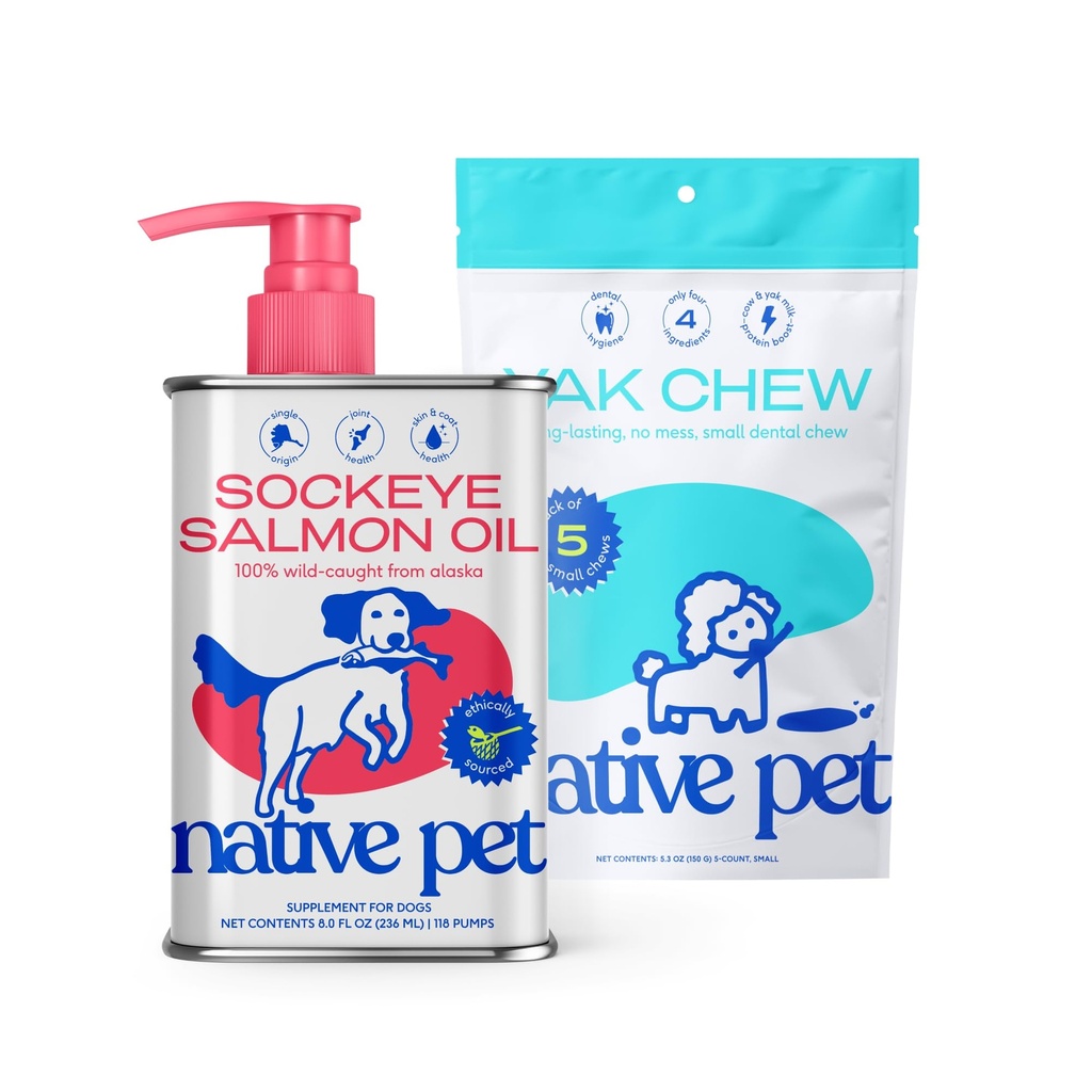 Native Pet Sockeye Salmon Oil for Dogs and Cats (8 Oz.) & Yak Chews (5 Small Chews) - All Natural Dental Sticks Made with Yak Cheese & Pure Omega-3 Fish Oil Promotes Healthy Skin & Shiny Coat