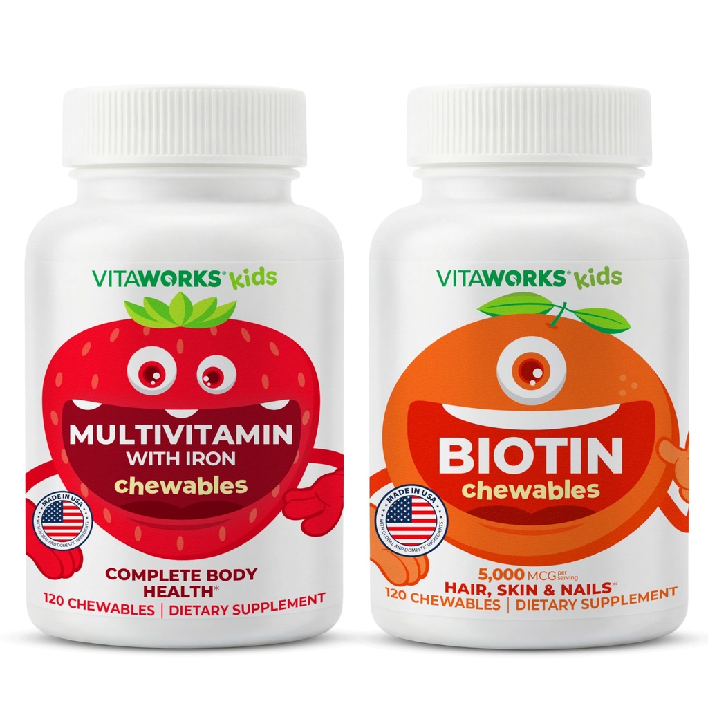 VitaWorks Kids Multivitamin Chewables + Biotin 5000mcg Chewables Bundle