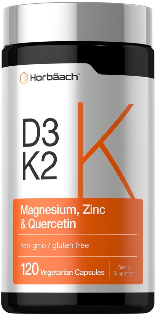 Horbäach Vitamin D3 K2 → 5000 IU D3 → 120 Capsules → 配有镁,锌, & Quercetin → 蔬菜,Non-GMO,Gluten Free Supple