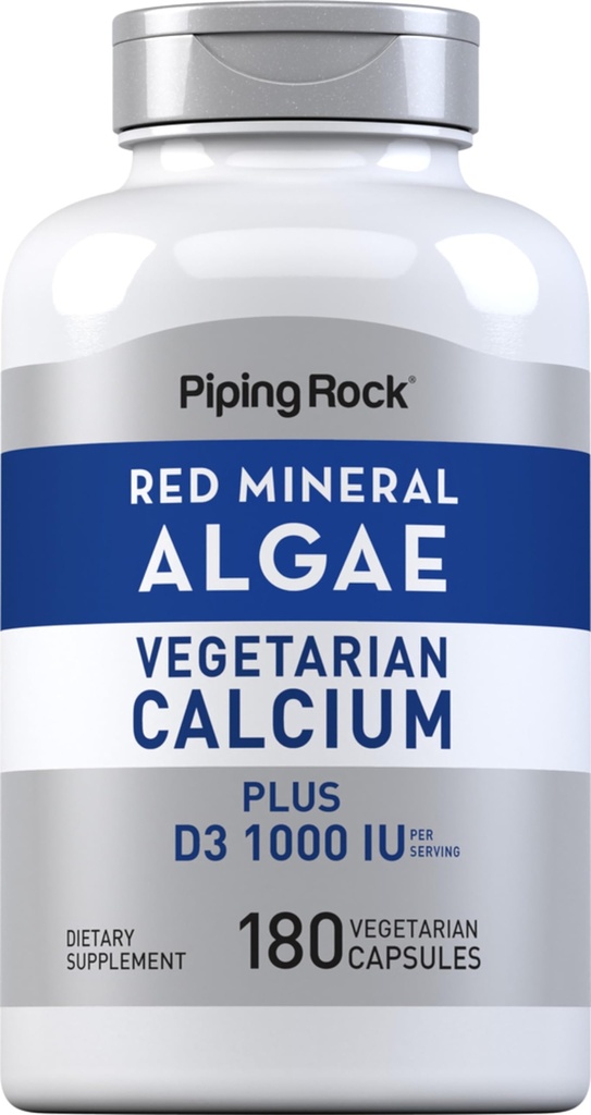 Piping Rock Red Mineral Algae | Vegetarian Calcium | 180 Capsules | Plant Plus Trace Minerals | + D3 1000 IU | Non-GMO, Gluten 免费补充