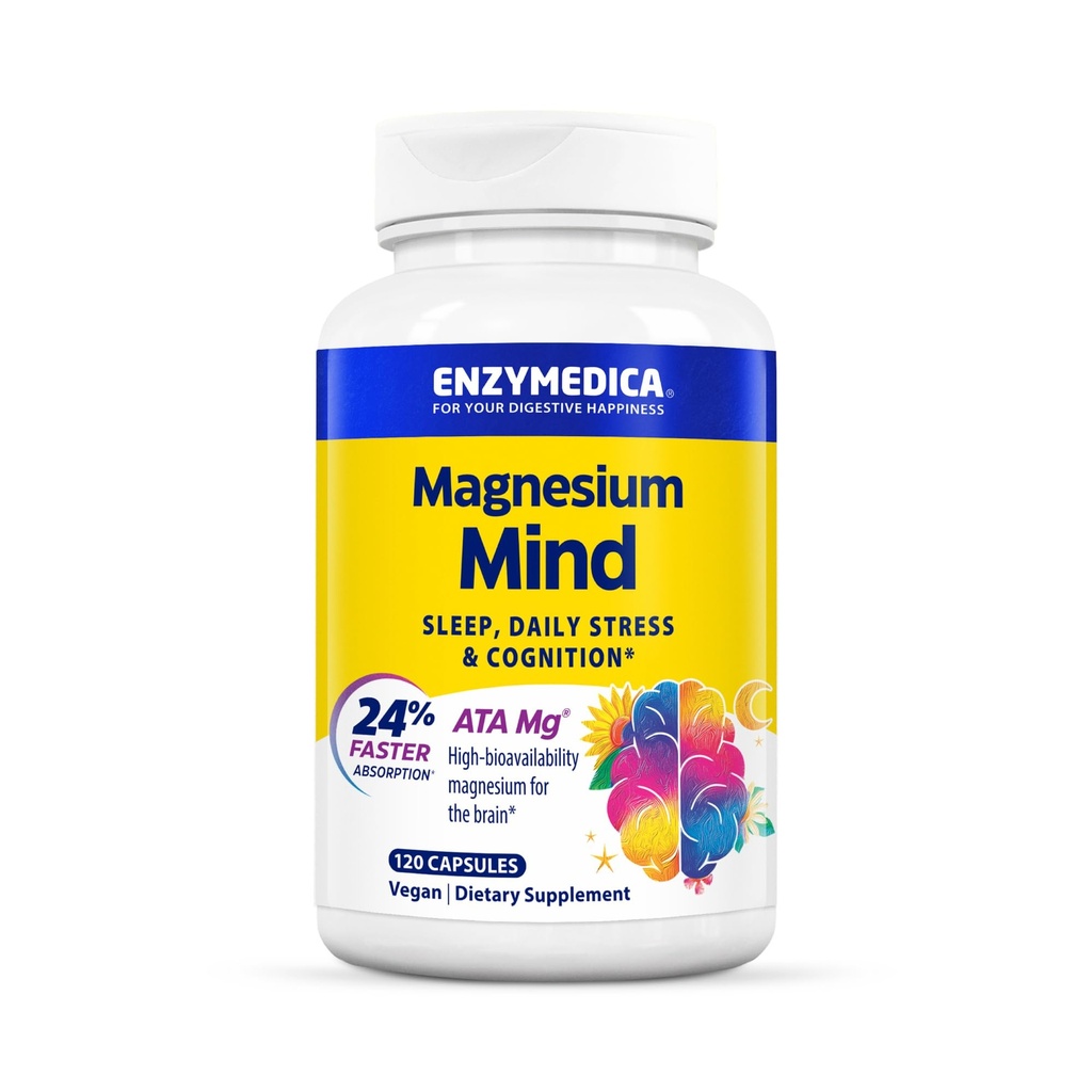 Enzymedica Magnesium Mind Supplement for Women & Men - Sleep, Stress, & Cognition Support, ATA Mg 24% Faster Absorption, High Bioavailability Magnesium Capsulesfor Brain,Vegan, Gluten Free - 120 Caps
