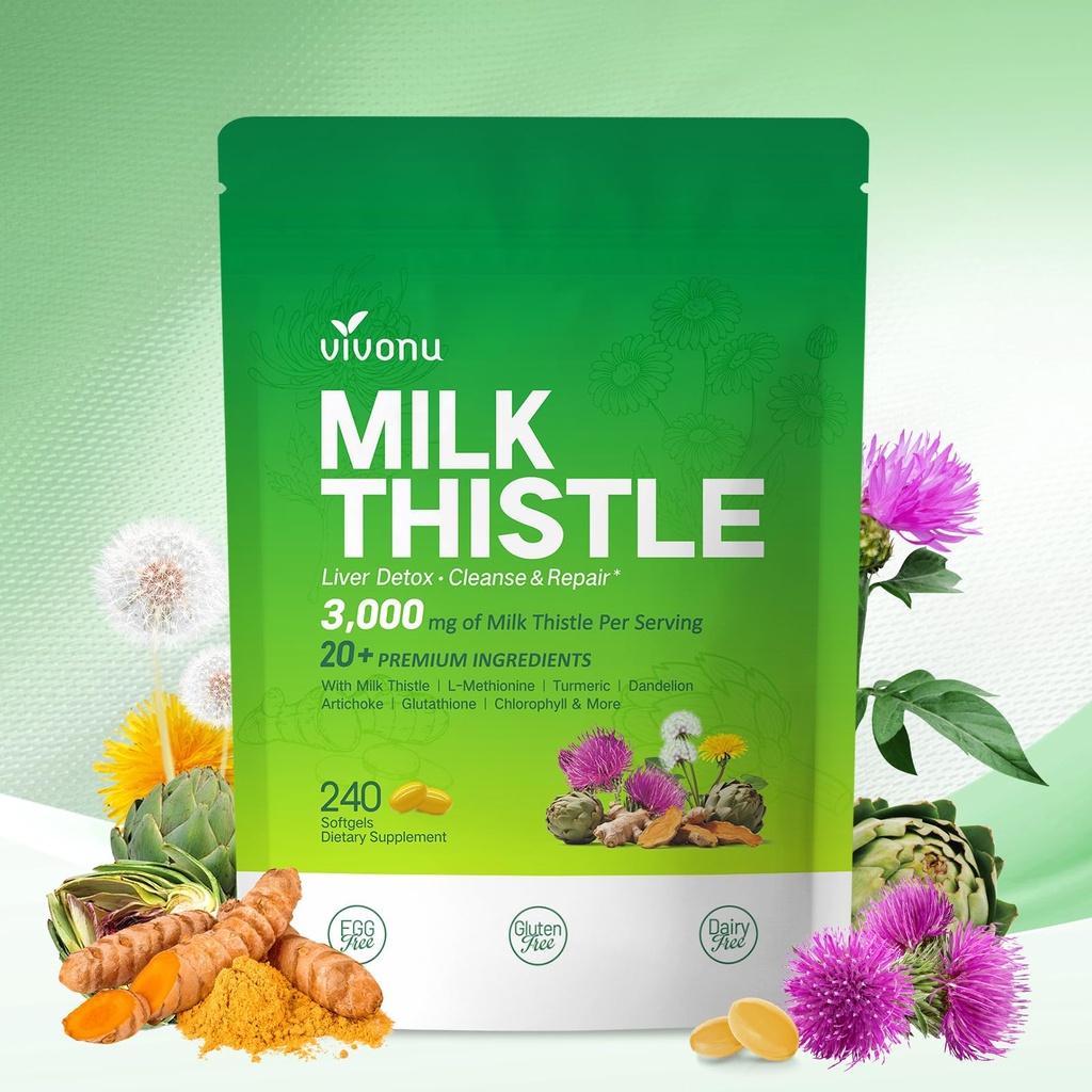 Milk Tutle Liver Detox Capsules, 3000mg Liver Cleanse Detox & Reference, 20-in-1 高级支持复合体 与 Milk Tetle, NAD, NAC, ALA, Dandelion, Glutathione, Artichoke, Turmeric, 更多 240 软胶