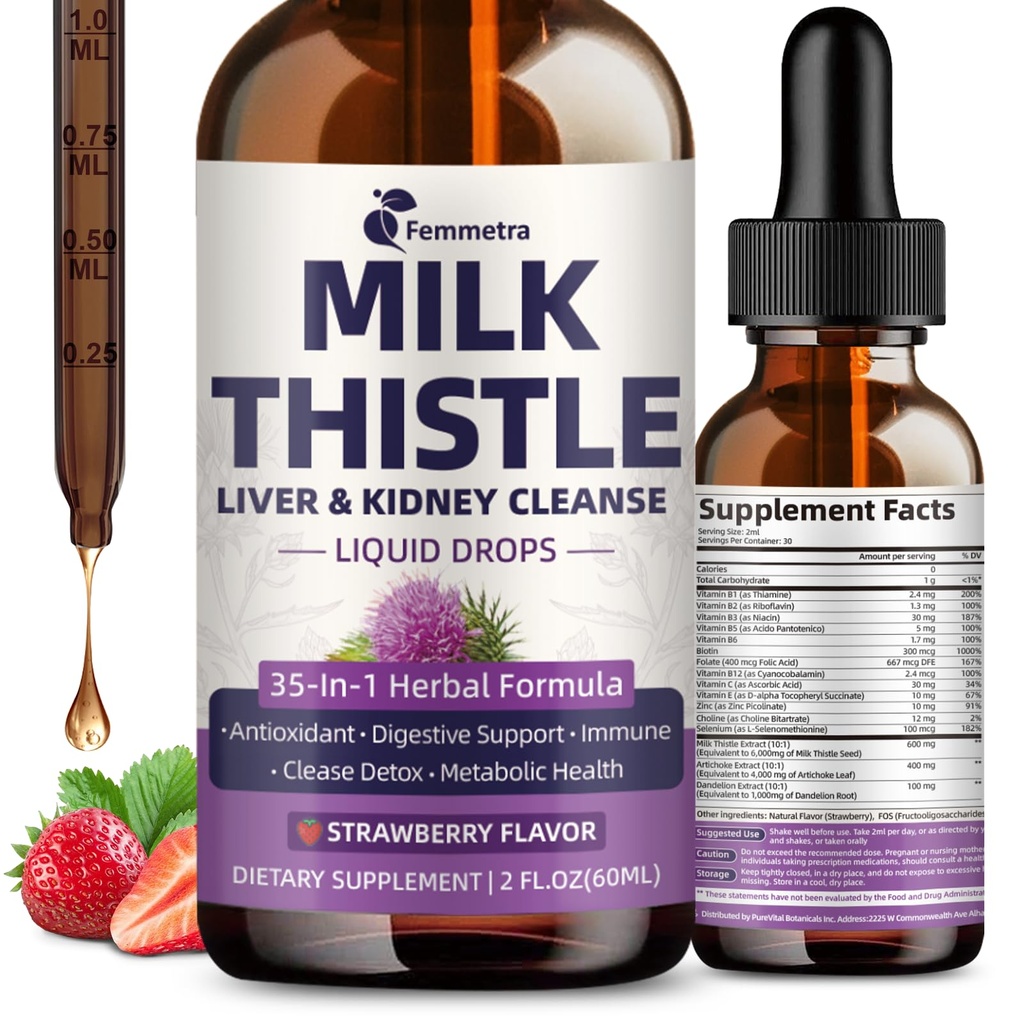 Milk Thistle 提取液滴用于肝脏清洁解毒和修复,35-IN-1 肾脏支持补充剂 Artichoke & Dandelion 用于尿性Tract,Bladder,Vegan,N-GMO,草莓火焰,2 FL OZ